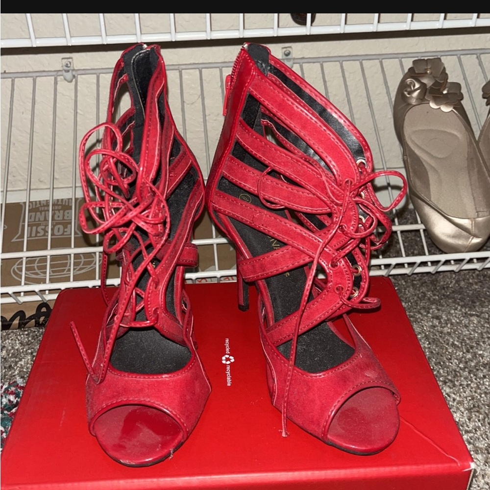 Red Lace-Up Women's Heels